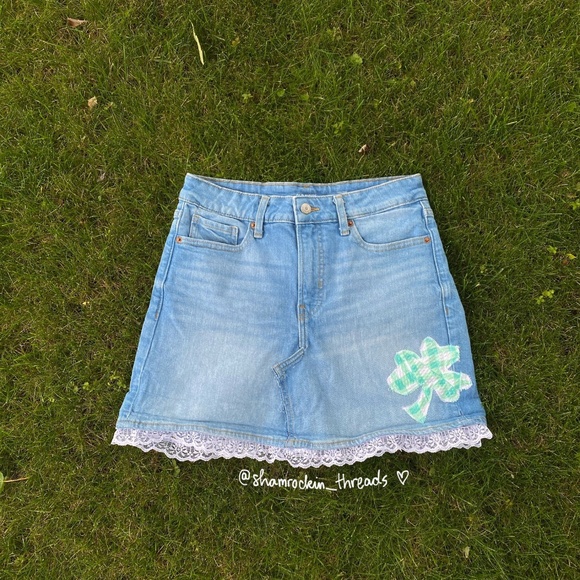 Notre Dame patchwork lace gingham denim jean mini skirt - Picture 2 of 10